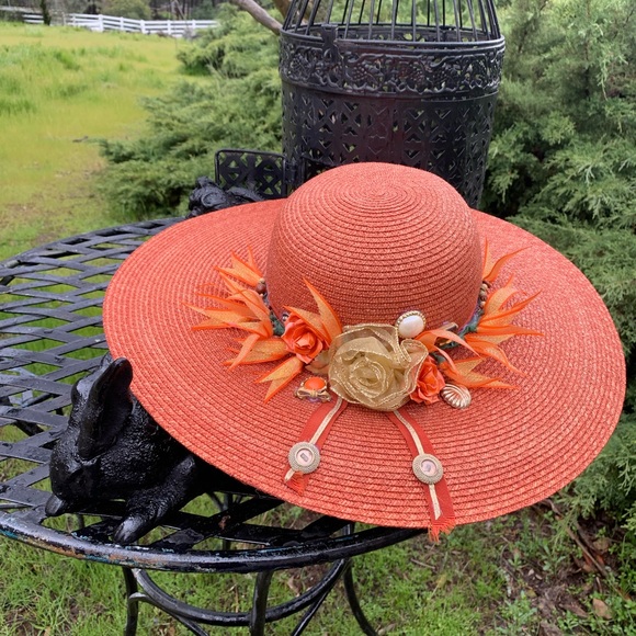 Artisan Accessories - Kreativekristen upcycled Orange wide brim straw Hat with Floral Accents